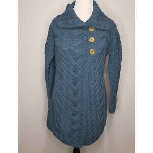 Aran Woollen Mills Cardigan Womens 2XL XXL Teal Merino Wool Cable Knit Sweater